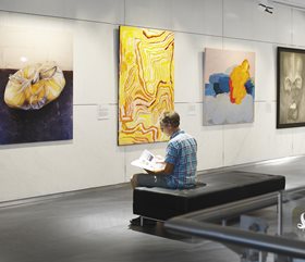 2013 Bankwest Art Prize exhibition, Bankwest Art Gallery, featuring works by (from left to right) Christopher Young, Elizabeth Nyumi, Penny Bovell, Thea Costantino