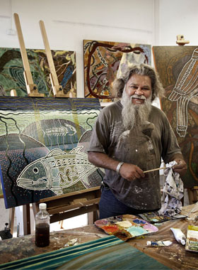 Toogarr Morrison in his studio at Artsource Fremantle. Photo: Eva Fernandez
