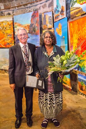 City of Karratha Mayor Peter Long with Wendy Darby, Winner, Best Overall Artworkd, 2015 Cossack Art Awards. Image: Pilbara Site Pics